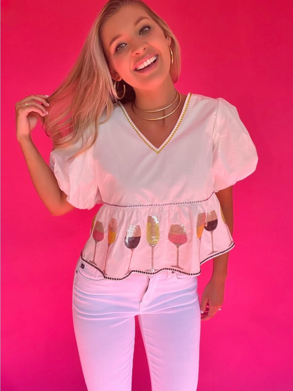Queen of Sparkles Glitter Wine Glasses Peplum Top White Sequin Puff Sleeve - XS
